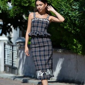 Fanm Mon Navy Tweed Tartan Midi Skirt with White Floral Embroidery Size XS NWT